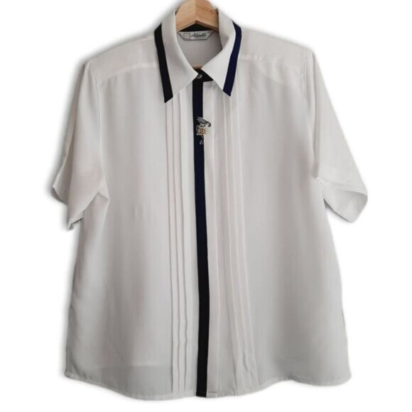 Vintage ANTONELLA Semi-Sheer Short Sleeve Button Down Blouse White Sz 12 P Flaw - Picture 1 of 15
